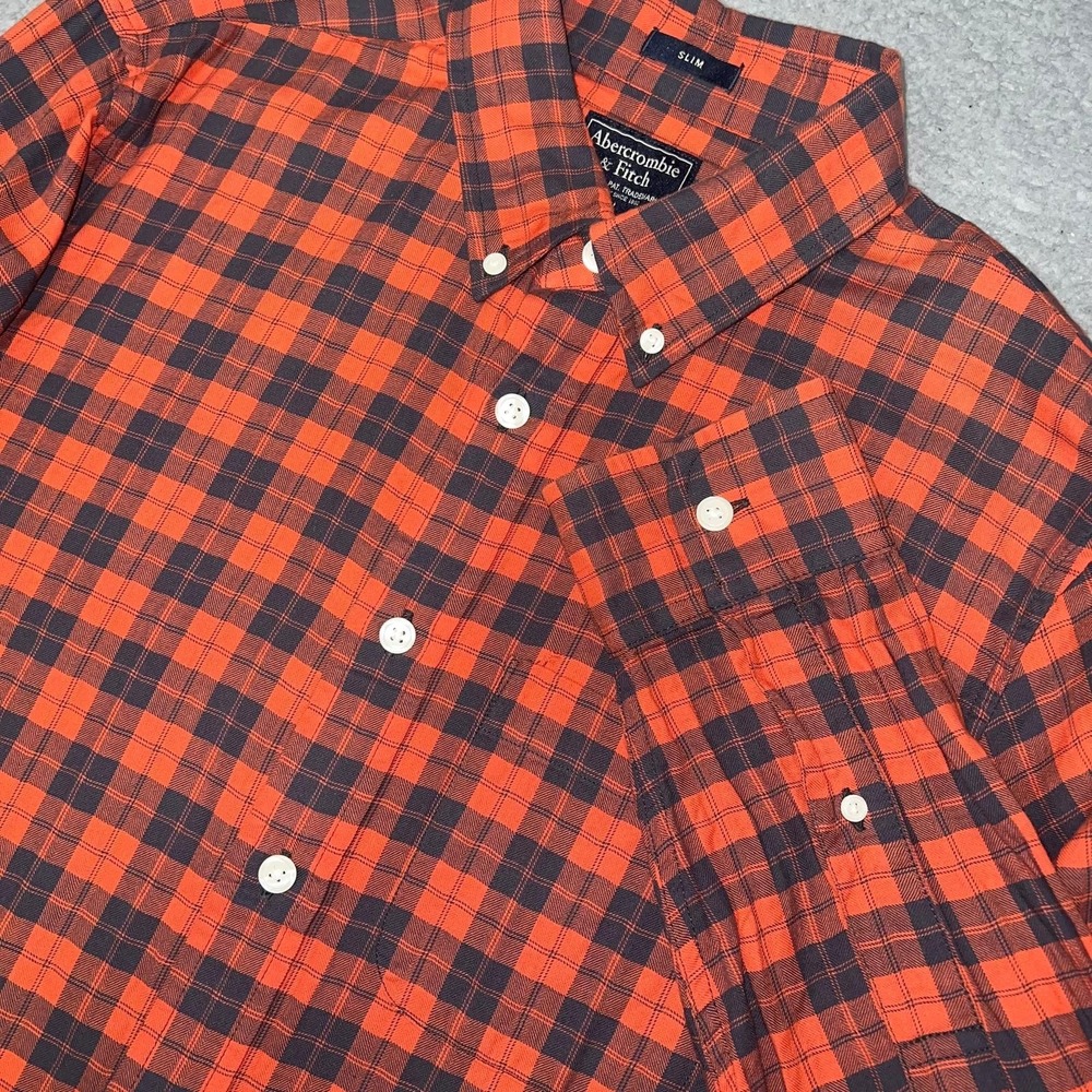Abercrombie & Fitch Shirt Men's Size M Orange Plaid Flannel Slim Fit Button Down